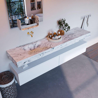 Mondiaz ALAN-DLUX Ensemble de meuble - 200cm - meuble Talc mat - 2 tiroirs - Lavabo Cloud Glace suspendu - vasque Gauche - 0 trous de robinet