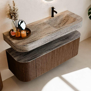 MONDIAZ THOR-DLUX Meuble de salle de bains 130cm arrondi gauche + droite couleur Walnut avec 1 tiroir et 2 portes. Vasque suspendue CLOUD Droite 1 trou de robinet couleur Oza.