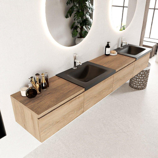 MONDIAZ BUKLA 240cm badmeubel met module 60 links kleur Washed Oak met 4 lades. Wastafel CLOUD dubbel 2 kraangaten kleur Urban.