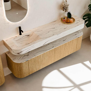 MONDIAZ THOR-DLUX 180cm meuble de salle de bains arrondi gauche + droite couleur Oak avec 2 tiroirs et 2 portes. Vasque suspendue CLOUD Gauche 1 trou de robinet couleur Nata.