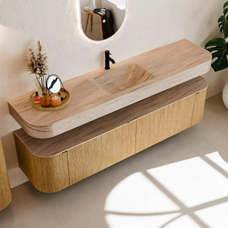 MONDIAZ THOR-DLUX 190cm badmeubel ronding links + rechts kleur Oak met 2 lades en 2 deuren. Vrijhangende wastafel CLOUD Midden 1 kraangat kleur Saba.