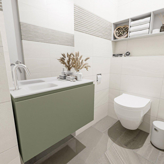 MONDIAZ OLAN Kit lave-mains - 80x30x40cm - 1 trou de robinet - 1 tiroir - army mat - lavabo à gauche - Solid Surface Blanc