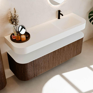 MONDIAZ THOR 150cm meuble de salle de bains arrondi gauche + droite couleur Walnut avec 1 tiroir et 2 portes. Vasque suspendue CLOUD Droite 1 trou de robinet couleur Talc.