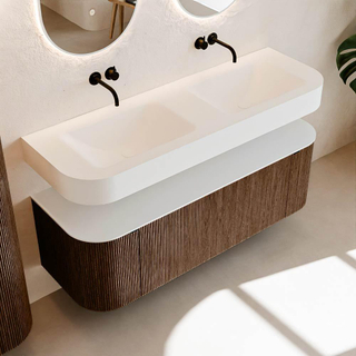 MONDIAZ THOR 140cm meuble de salle de bains arrondi gauche + droite couleur Walnut avec 1 tiroir et 2 portes. Vasque suspendue CLOUD Double sans trou de robinet couleur Talc.