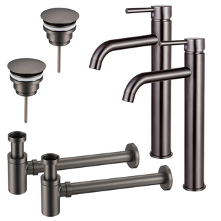 FortiFura Calvi Kit robinet lavabo - pour double vasque - robinet rehaussé - bonde non-obturable - siphon design bas - Gunmetal PVD
