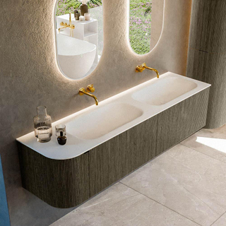Mondiaz KURVE Ensemble de meuble salle de bain - 175x46x40cm - 2 tiroirs - 1 porte - lavabo en solid surface - double / droite - sans trou de robinet - Shadow