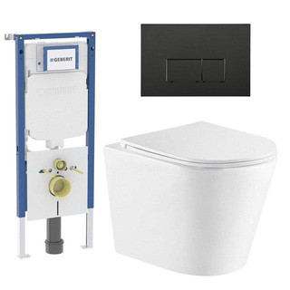 QeramiQ Dely Toiletset - 36.3x51.7cm - diepspoel - rimless - Geberit UP720 inbouwreservoir - softclose toiletzitting - mat zwarte bedieningsplaat - rechtehoekige knoppen - wit glans