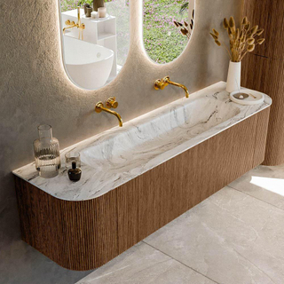 MONDIAZ KURVE-DLUX 170cm Meuble salle de bain avec module 25 G et D - couleur Walnut - 1 tiroir - 2 portes - vasque BIG LARGE centre - sans trou de robinet - couleur Glace