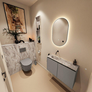 MONDIAZ TURE-DLUX Meuble toilette - 80cm - Smoke - EDEN - vasque Glace - position gauche - sans trou de robinet