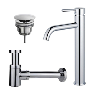 FortiFura Calvi Kit mitigeur lavabo - robinet rehaussé - bonde non-obturable - siphon design bas - Chrome brillant