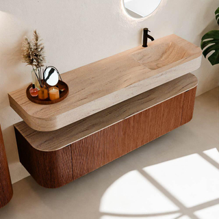 MONDIAZ THOR-DLUX Meuble de salle de bains 170cm arrondi gauche + droite couleur Ruby avec 1 tiroir et 2 portes. Vasque suspendue CLOUD Droite 1 trou de robinet couleur Saba.