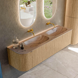 MONDIAZ KURVE-DLUX 165cm badmeubel ronding Links kleur Oak met 2 lades en 1 deur. Wastafel STOR SMALL Dubbel / Rechts zonder kraangat Arena.