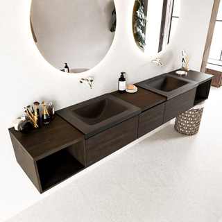 MONDIAZ BUKLA 240cm ensemble de meuble avec module ouvert 40 L+R couleur Marron Foncé avec 3 tiroirs. Lavabo CLOUD double 0 trou de robinet couleur Urban.