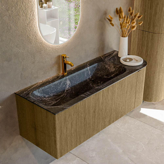 Mondiaz KURVE-DLUX Ensemble de meuble salle de bain - 125x46x40cm - 1 tiroir - 1 porte - lavabo en solid surface - gauche - 1 trou de robinet - Dusk