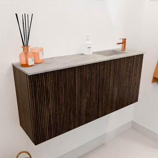 Mondiaz JOYA-DLUX 90cm toiletmeubel - kleur Walnut - Wastafel FAYE positie Rechts 1 kraangat kleur Glace.