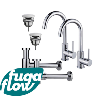 FortiFura Calvi Kit robinet lavabo - pour double vasque - robinet haut - bec rotatif - bonde non-obturable - siphon design bas - Chrome brillant