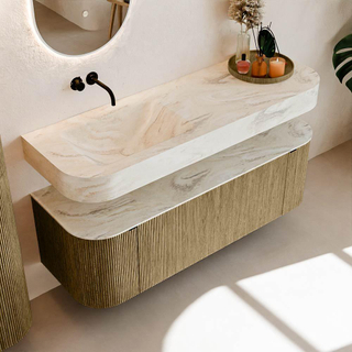 MONDIAZ THOR-DLUX Meuble de salle de bains 140cm arrondi gauche + droite couleur Dusk avec 1 tiroir et 2 portes. Vasque suspendue CLOUD Gauche sans trou de robinet couleur Ostra.