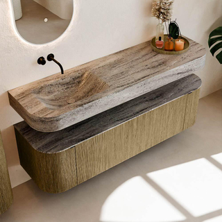 MONDIAZ THOR-DLUX 160cm meuble de salle de bains arrondi gauche + droite couleur Dusk avec 1 tiroir et 2 portes. Vasque suspendue CLOUD Gauche sans trou de robinet couleur Oza.