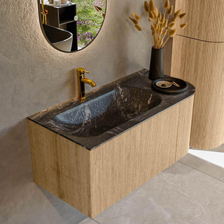 MONDIAZ KURVE-DLUX 95cm Meuble salle de bain avec module 25 D - couleur Oak - 1 tiroir - 1 porte - vasque BIG SMALL gauche - 1 trou de robinet - couleur Lava