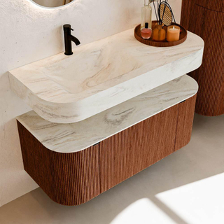 MONDIAZ THOR-DLUX Meuble de salle de bains 110cm arrondi gauche + droite couleur Ruby avec 1 tiroir et 2 portes. Vasque suspendue CLOUD Gauche 1 trou de robinet couleur Ostra.