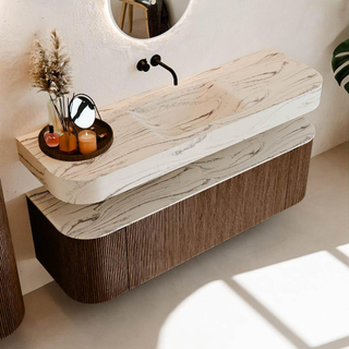 MONDIAZ THOR-DLUX 150cm meuble de salle de bains arrondi gauche + droite couleur Walnut avec 1 tiroir et 2 portes. Vasque suspendue CLOUD Milieu sans trou de robinet couleur Nata.