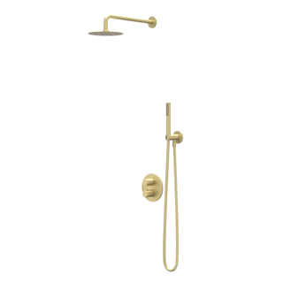 IVY Bond Ensemble de douche pluie - encastrable - inverseur 2 voies avec arrêt - bras mural 40 cm - pomme de douche medium 20 cm ronde - barre curseur avec sortie - flexible de douche 150 cm - douchette stick - Or brossé mat PVD