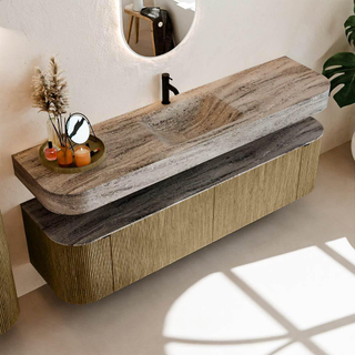 MONDIAZ THOR-DLUX Meuble de salle de bains - 180cm - arrondi gauche + droite - couleur Dusk - 2 tiroirs - 2 portes - Vasque suspendue CLOUD Milieu 1 trou de robinet couleur Oza