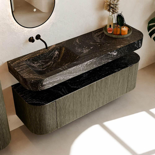 MONDIAZ THOR-DLUX 150cm meuble de salle de bains arrondi gauche + droite couleur Shadow avec 1 tiroir et 2 portes. Vasque suspendue CLOUD Gauche sans trou de robinet couleur Lava.