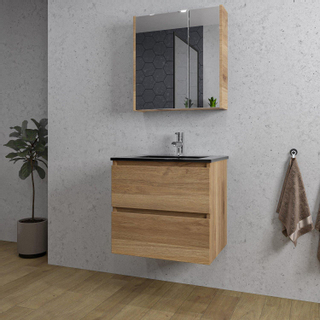 Adema Chaci Ensemble de meuble - 60x46x57cm - 1 vasque en céramique noire - 1 trou de robinet - 2 tiroirs - armoire de toilette - cannelle