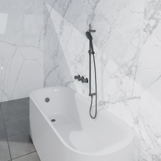 Fortifura Nebbio Ensemble combiné bain - mitigeur thermostatique - barre de glissement avec coude mural intégré - flexible de douche métallique - douchette ronde - Remplissage-vidage de baignoire - PVD gunmetal brossé