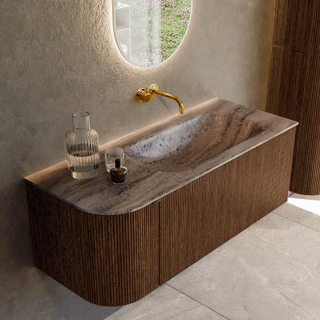 MONDIAZ KURVE-DLUX 115cm badmeubel ronding Links kleur Walnut met 1 lade en 1 deur. Wastafel BIG SMALL Rechts zonder kraangat Oza.