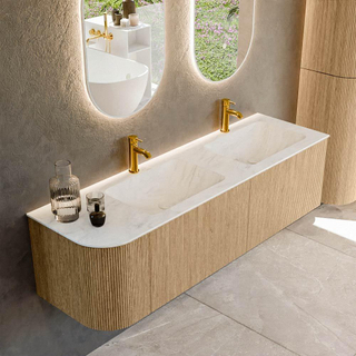 MONDIAZ KURVE-DLUX 155cm Meuble salle de bain avec module 25 G - couleur Oak - 2 tiroirs - 1 porte - vasque LEAF double / droite - 2 trous de robinet - couleur Opalo