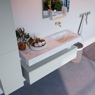 Mondiaz ALAN-DLUX Ensemble de meuble - 130cm - meuble Clay mat - 1 tiroir - Lavabo Cloud Opalo suspendu - vasque Droite - 0 trous de robinet