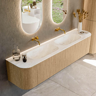 MONDIAZ KURVE-DLUX 190cm Meuble salle de bain avec module 25 G et D - couleur Oak - 2 tiroirs - 2 portes - vasque STOR SMALL double - sans trou de robinet - couleur Ostra