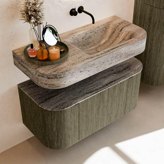 MONDIAZ THOR-DLUX 100cm meuble de salle de bains arrondi gauche + droite couleur Shadow avec 1 tiroir et 2 portes. Vasque suspendue CLOUD droite sans trou de robinet couleur Oza.