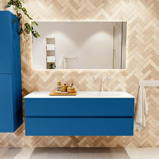 Mondiaz VICA ensemble de meuble de salle de bain - 140cm - meuble sous-vasque jeans - 2 tiroirs - lavabo moon droite - 1 trou de robinet - couleur talc - miroir LED - version XL 60cm de haut