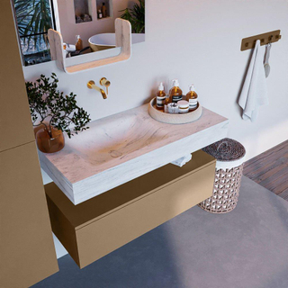 Mondiaz ALAN-DLUX Ensemble de meuble - 100cm - meuble Oro mat - 1 tiroir - Lavabo Cloud Opalo suspendu - vasque Gauche - 0 trous de robinet