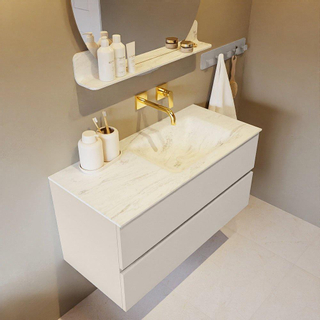 Mondiaz VICA-DLUX ensemble de meuble de salle de bain - 100cm - meuble sous-vasque lin - 2 tiroirs - lavabo encastré cloud droite - sans trous de robinet - version haute de 60cm - opalo