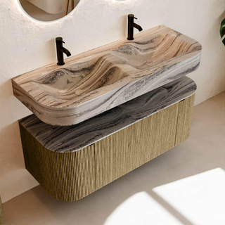 MONDIAZ THOR-DLUX 120cm meuble de salle de bains arrondi gauche + droite couleur Dusk avec 1 tiroir et 2 portes. Vasque suspendue CLOUD Double 2 trous de robinet couleur Sombra.