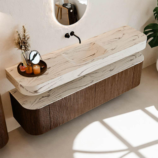 MONDIAZ THOR-DLUX 180cm meuble de salle de bains arrondi gauche + droite couleur Walnut avec 2 tiroirs et 2 portes. Vasque suspendue CLOUD Milieu sans trou de robinet couleur Nata.