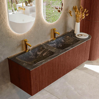 Ensemble de meuble de salle de bain Mondiaz KURVE-DLUX - 145x46x40cm - 1 tiroir - 1 porte - lavabo en solid surface - double / gauche - 2 trous de robinet - Ruby