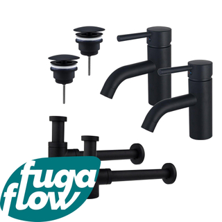 FugaFlow Eccelente Sobrado Badkamer Wastafelkraanset - voor dubbele wastafel - lage wastafelkraan - always open plug - verlaagde design sifon - Mat zwart