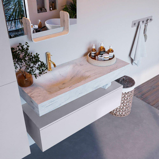 Mondiaz ALAN-DLUX Ensemble de meuble - 110cm - meuble Cale mat - 1 tiroir - Lavabo Cloud Opalo suspendu - vasque Gauche - 1 trou de robinet
