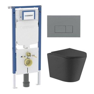 QeramiQ Dely Toiletset - 36.3x51.7cm - diepspoel - rimless - Geberit UP720 inbouwreservoir - softclose toiletzitting - bedieningsplaat licht grijs - rechtehoekige knoppen - mat zwart