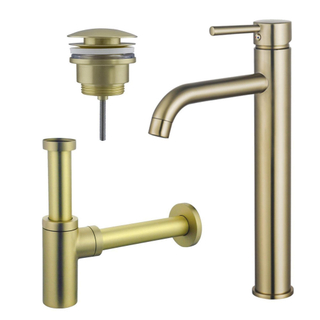 FugaFlow Eccelente Sobrado Kit mitigeur lavabo - robinet rehaussé - bonde clic clac - siphon design - PVD Laiton brossé