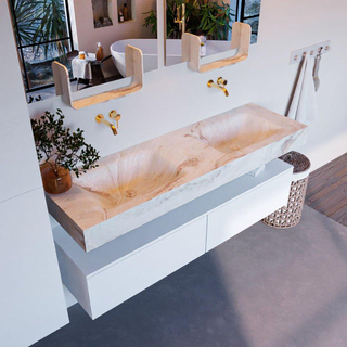 Mondiaz ALAN-DLUX Ensemble de meuble - 150cm - meuble Talc mat - 2 tiroirs - Lavabo Cloud Frappe suspendu - vasque Gauche et droite - 0 trous de robinet