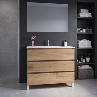 Adema Chaci PLUS Ensemble de meuble - 99.5x86x45.9cm - 1 vasque ovale en céramique Blanc - 1 trou de robinet - 3 tiroirs - miroir rectangulaire - Cannelle