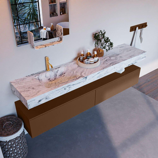 Mondiaz ALAN-DLUX Ensemble de meuble - 200cm - meuble Rust mat - 2 tiroirs - Lavabo Cloud Glace suspendu - vasque Gauche - 1 trou de robinet