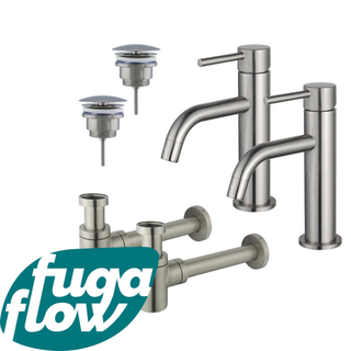 FugaFlow Eccelente Sobrado Badkamer Slim Wastafelkraanset - voor dubbele wastafel - lage wastafelkraan - always open plug - verlaagde design sifon - PVD Geborsteld RVS