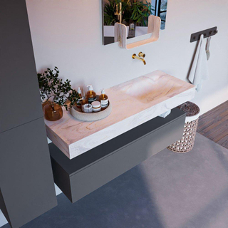 Mondiaz ALAN-DLUX Ensemble de meuble - 130cm - meuble Plata mat - 1 tiroir - Lavabo Cloud Ostra suspendu - vasque droite - 0 trous de robinet